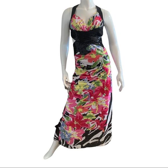 Prom Dress Shimmering Black/Pink Floral Prom  Criss-Cross Back size 3/4 - Picture 7 of 11